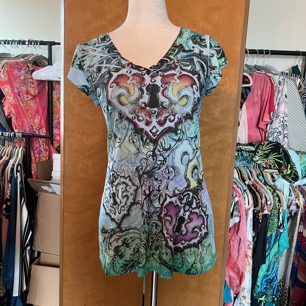 Lipstick Boutique Aqua Multi-Color V-Neck Short Sleeve Top